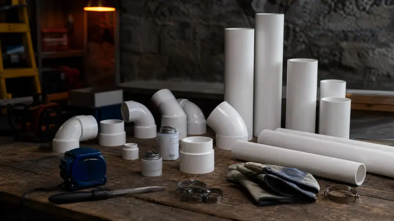 Neatly organized radon installation tools and PVC fittings on a workbench