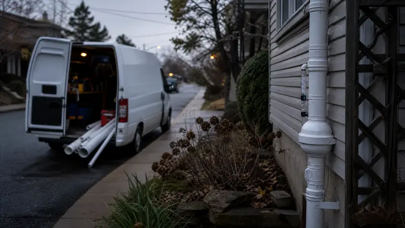 Radon mitigation installer’s work van parked on a quiet street in York, PA, no lettering