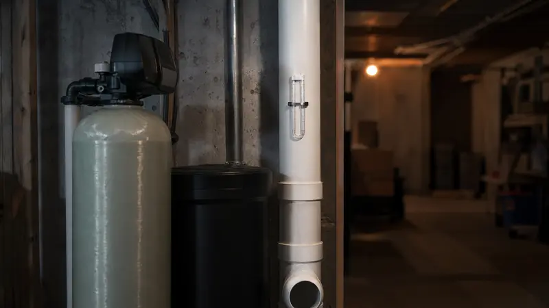 Aeration radon water system beside a carbon filter tank in a basement