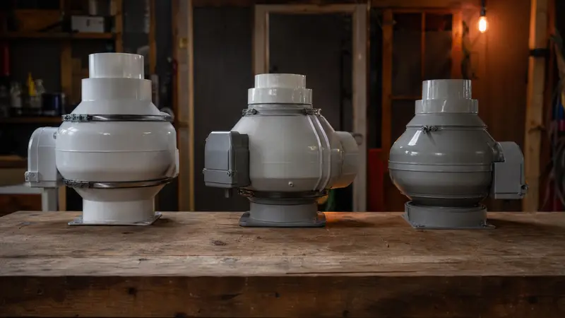 Three different inline radon fans lined up on a workbench