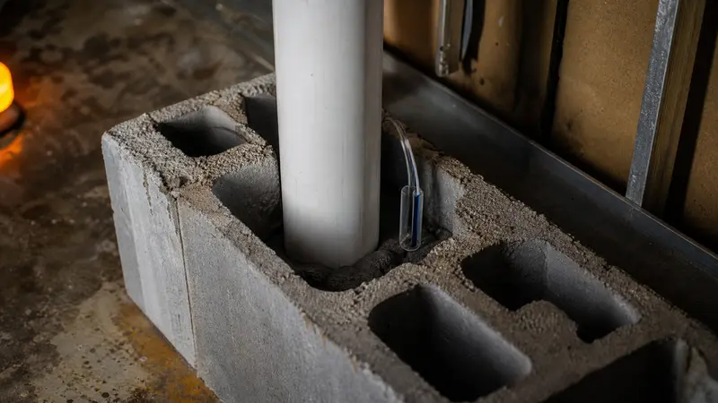 Close view of open cores at the top of a concrete block wall