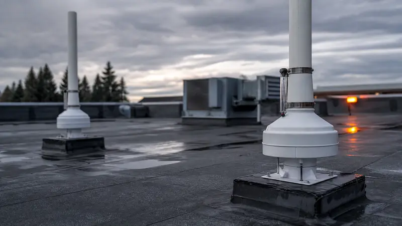 Rooftop radon fans on a flat commercial roof