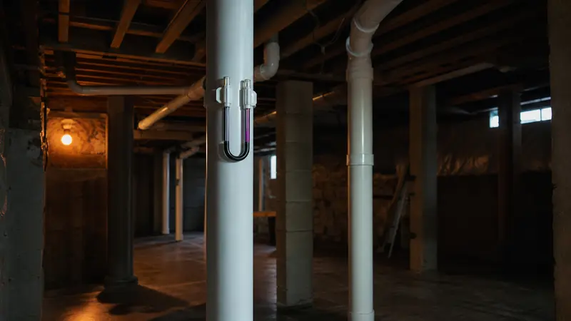 Commercial building basement with several radon suction pipes