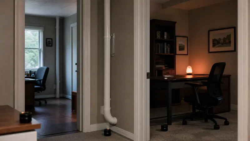 Radon test devices placed in several ground-floor rooms of an office