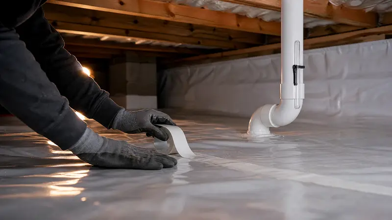 Installer’s hands taping a crawl space membrane seam