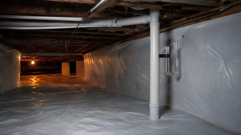 Fully encapsulated crawl space with white liner on walls and floor