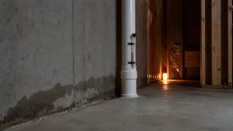 Damp spot on a basement wall near the floor