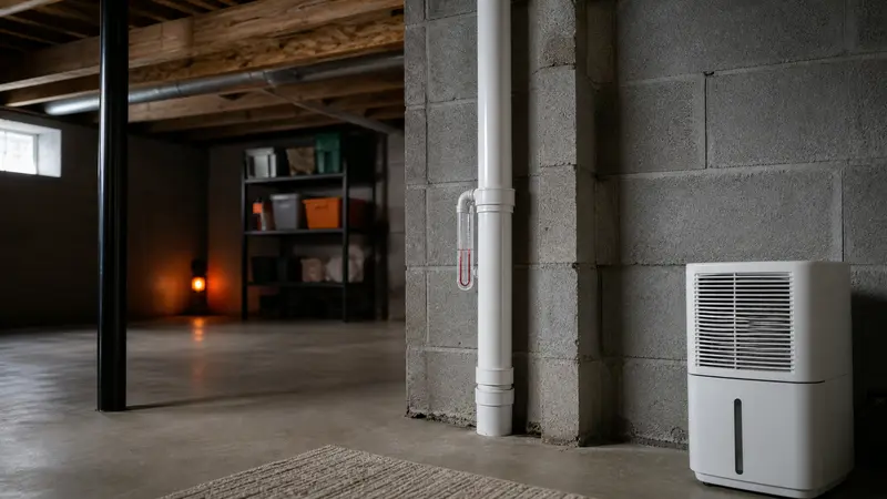 Dry, clean basement with a radon pipe and dehumidifier