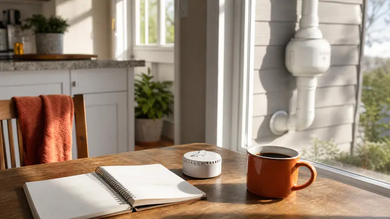 Open notebook, radon test device and a cup of coffee on a sunlit kitchen table in a York home on a bright morning, the notebook pages blank