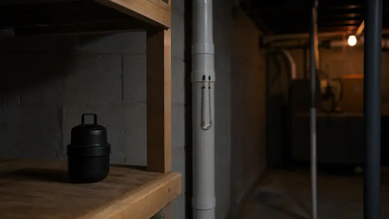 Radon test canister placed on a basement shelf