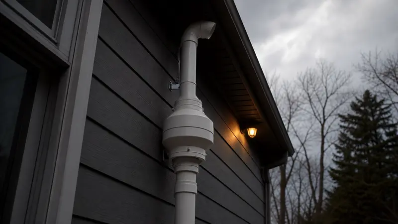 Radon fan and pipe on a home exterior venting above the eave