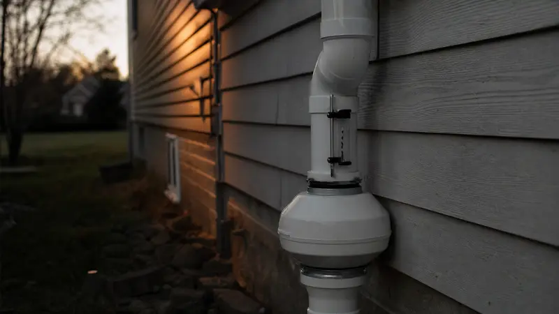 Completed radon system at the end of the day on a home exterior