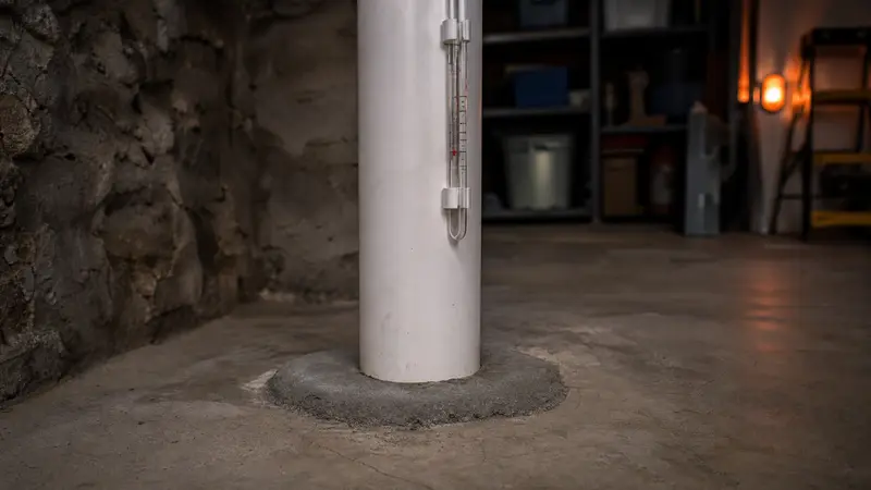 Gap around a pipe penetration in a basement floor