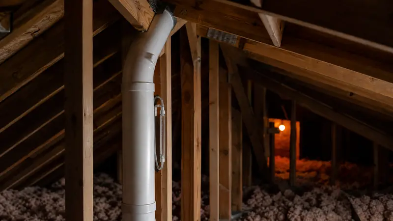 PVC vent pipe running through an attic to the roof