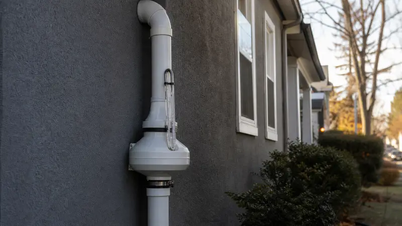 Radon system on a home exterior on a sunny day