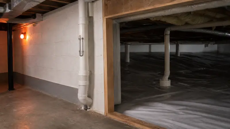 Membrane-covered crawl space next to a concrete basement floor