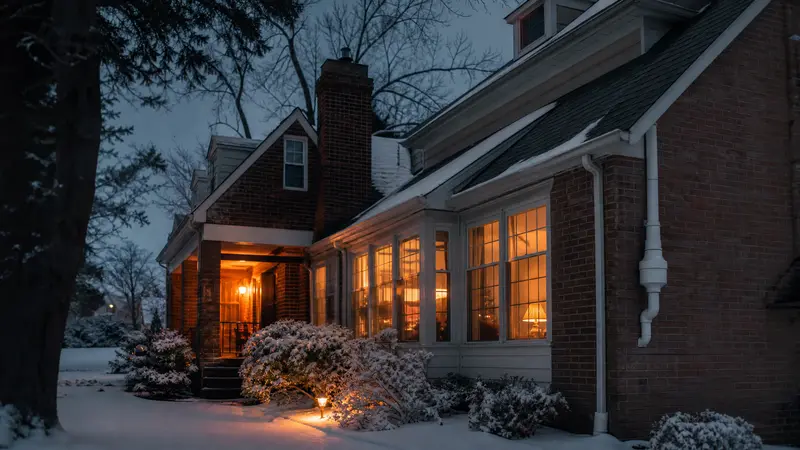 York home in January snow at dusk with warm window light