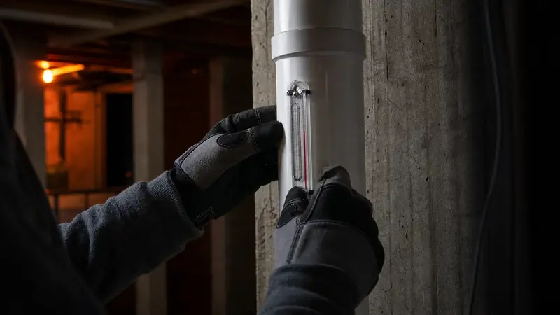 Certified installer’s gloved hands checking a manometer