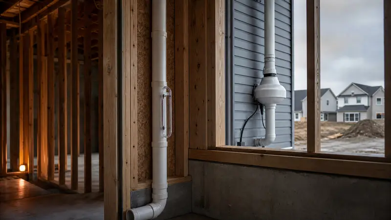 House framing with a vertical radon pipe in a new build