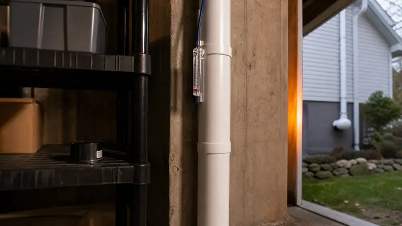 Home radon test canister on a basement shelf