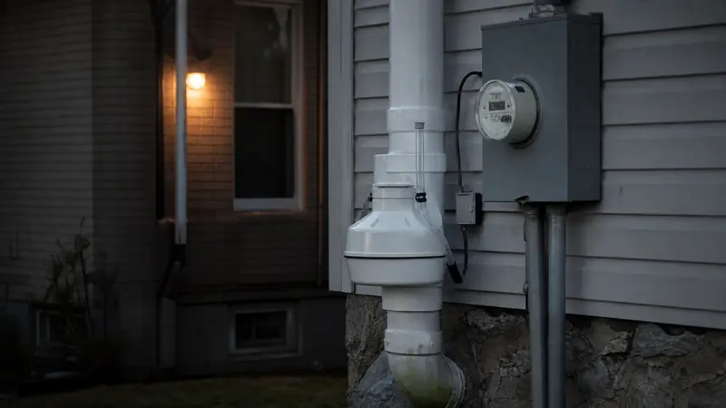 Electric meter on the side of a house near a radon fan