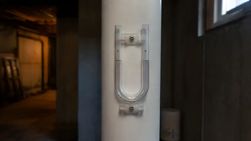Manometer on a radon pipe with level liquid