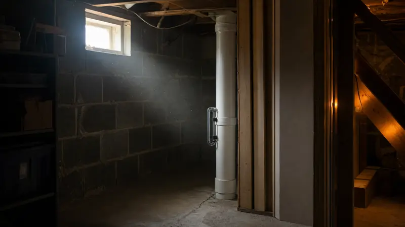 Basement air with faint dust in a light beam