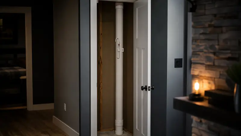 Finished basement with a radon pipe hidden in a closet chase