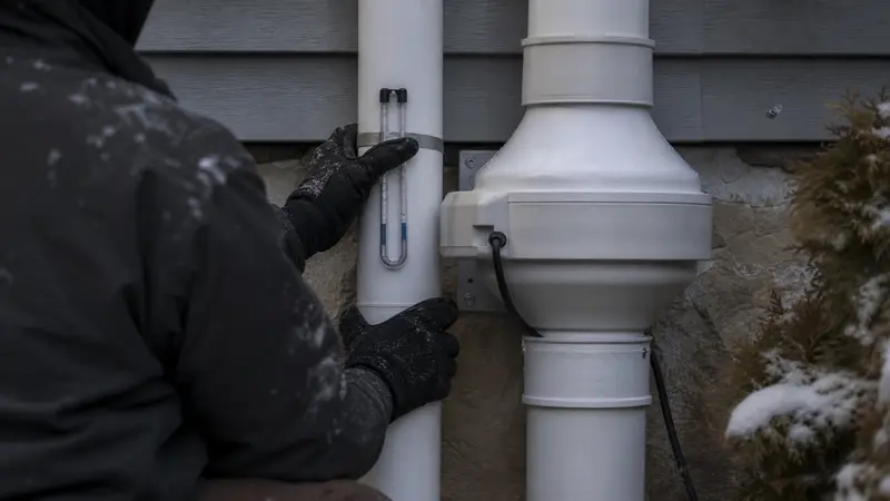 Installer’s gloved hands working on a pipe in cold weather