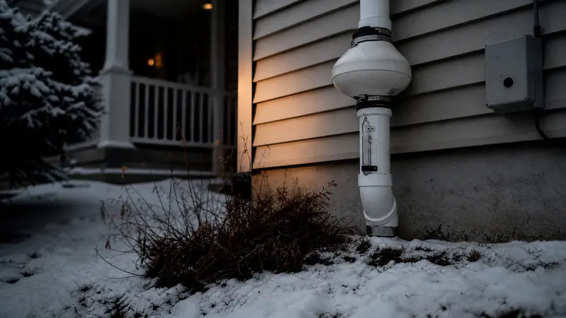 Radon pipe and fan on a home exterior with snow on the ground