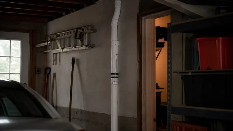 Radon pipe running up through a garage to the attic
