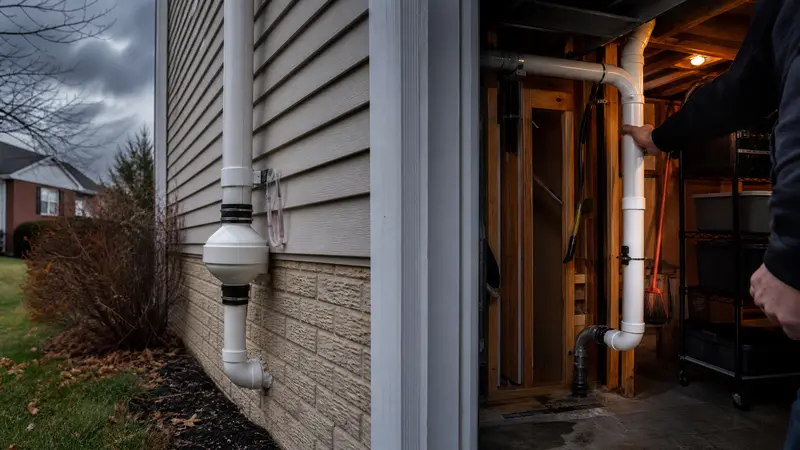 Exterior radon pipe on one home beside an interior route through a garage