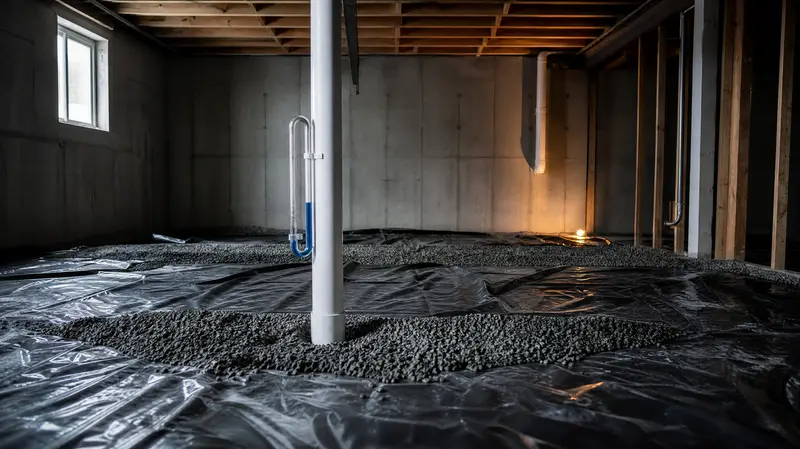 Gravel base, vapor retarder and pipe stub before a slab pour