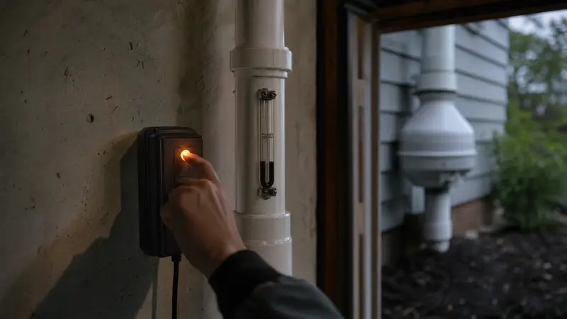 Hands pressing the reset on a radon alarm