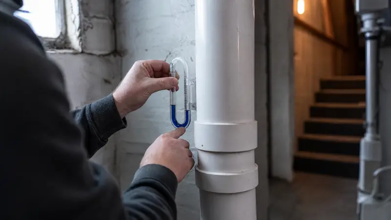 Hands checking a radon manometer during routine maintenance
