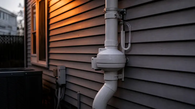 Radon pipe and fan on the side of a vinyl-sided house
