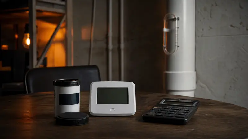 Radon test kit, digital monitor and a calculator on a table