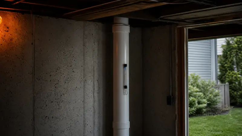 Aeration unit vent pipe leaving a basement