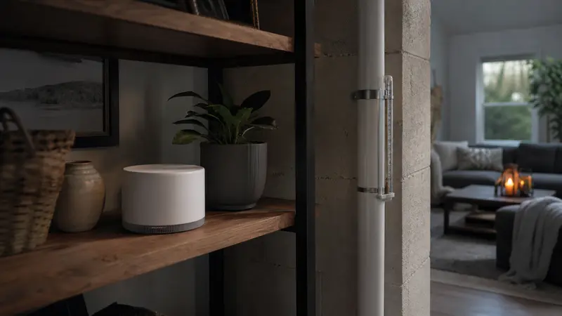Radon monitor on a shelf in a family room