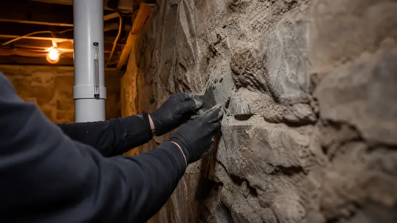 Hands sealing mortar gaps in a stone wall