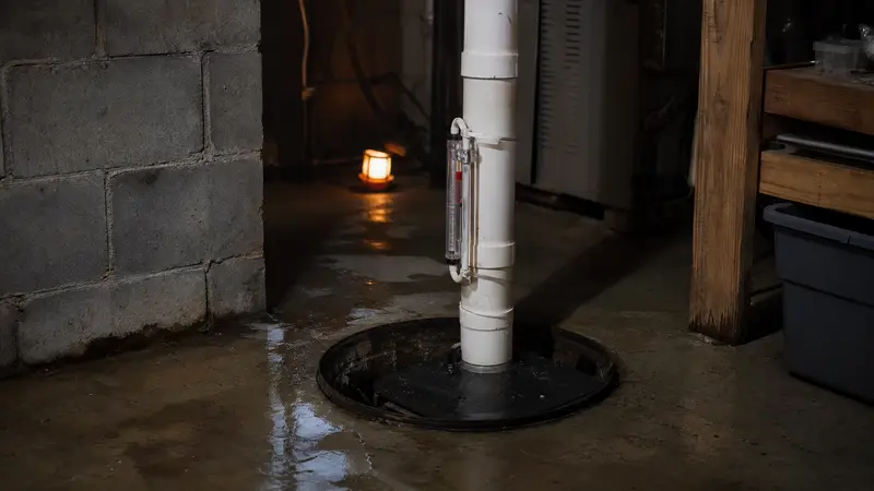 Damp basement floor near a sump pit with a radon pipe
