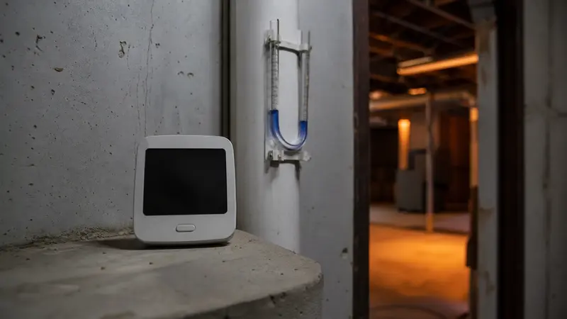 Digital radon monitor in a dim basement, screen off