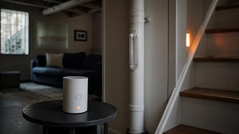Radon test device in a lived-in lower-level room