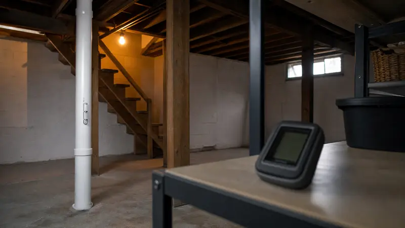Radon monitor placed on a basement shelf away from walls and windows