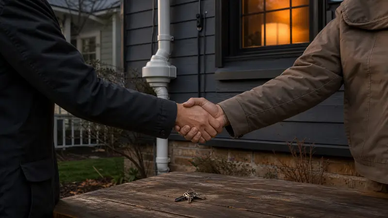 Buyer and seller hands shaking over a table with house keys