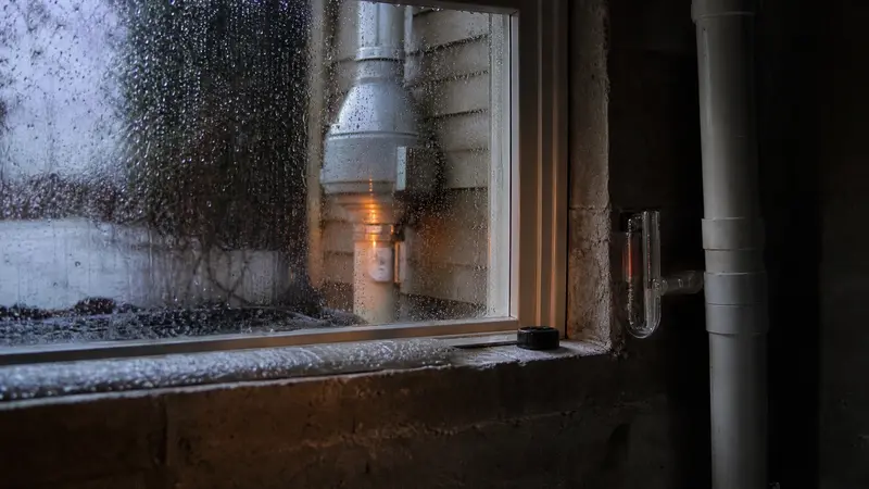 Rain on a basement window during a radon test