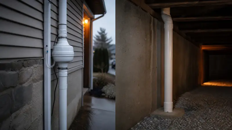 Exterior versus interior radon pipe routes on two sides of a house