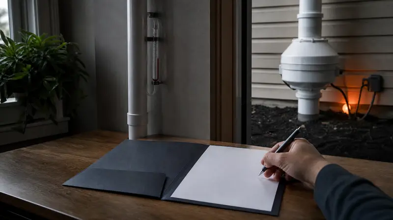 Signed blank warranty folder on a desk beside a radon fan