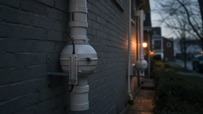 Radon fans mounted on the exterior of a multifamily building