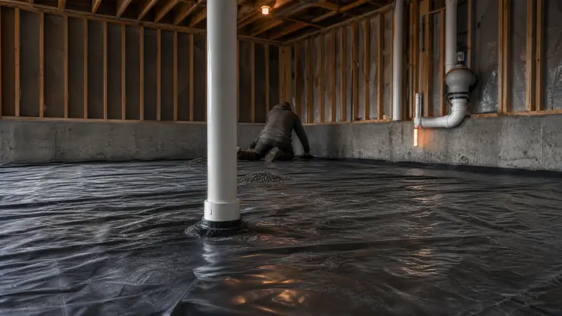 Plastic vapor retarder laid over gravel before a basement slab is poured